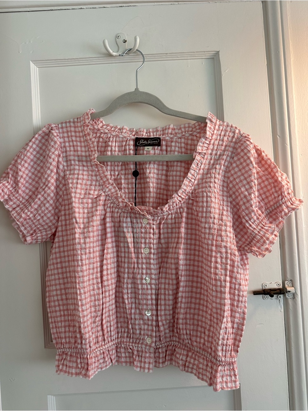 Skatie Pink White Gingham Button-Front Top